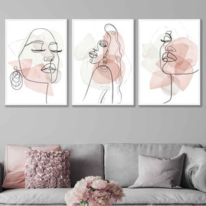 Lot de 3 oeuvres d'art murales abstraites tendance crème ivoire et rose pâle pour femmes, tirages d'art au trait féminins minimalistes en une ligne, impression d'affiches photos de la galerie
