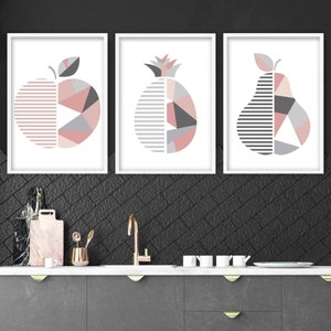 Conjunto GEOMÉTRICO de 3 impresiones artísticas para pared de cocina, pósteres, ilustraciones, manzanas, piñas y peras en tonos rosa ruborizado y gris ARTZE ARTZEUK
