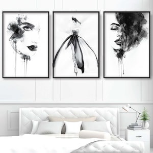 FASHION 3er Set schwarz-weiße Drucke von Aquarell Illustrationen Frau Gesicht Laufsteg Galerie Wand Kunst Druck Bild Poster ARTZEUK