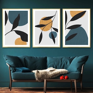 Set of 3 Wall Art Prints Boho Abstract Wall Art Prints, Nordic Wall Decor, Scandinavian Wall Art, Teal Yellow & Black Home Decor