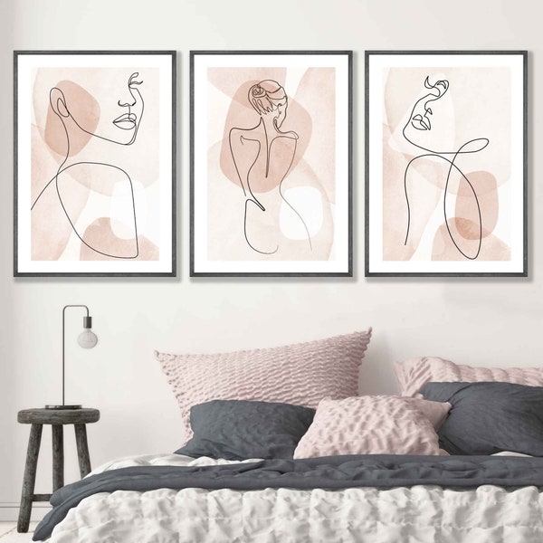 Set of 3 Abstract Wall Art Coral Pink Female Line Art Prints Minimalist One Line Poster Print Gallery Fashion Wall Art Pictures Artwork