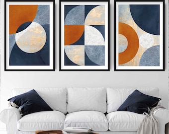 Conjunto geométrico de 3 impresiones artísticas en azul marino, naranja y dorado, círculos abstractos texturizados, galería gráfica, imágenes de pared, pósteres, obras de arte ARTZE
