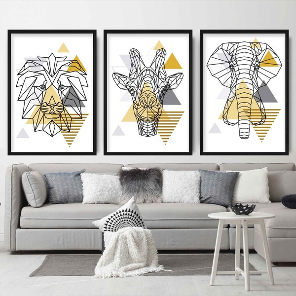 Set of 3 Scandinavian GEOMETRIC YELLOW & Grey Jungle Elephant Lion Giraffe Heads Modern Art Prints Wall Picture Poster Artwork Poly Line Art