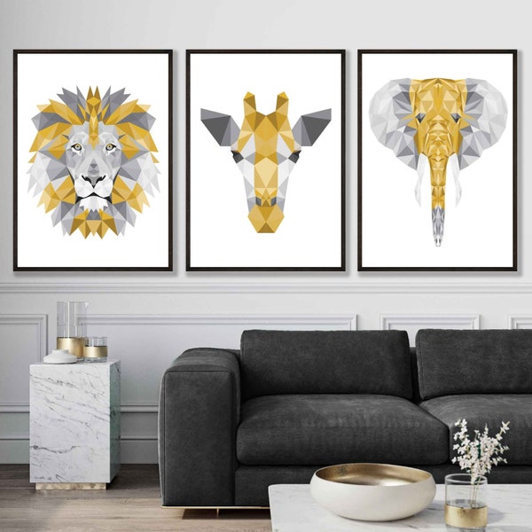 Ensemble GÉOMÉTRIQUE de 3 Impressions d’art JAUNES et Gris Têtes de Jungle Girafe Lion Éléphant Mur Photos Affiches + 9 Autres Couleurs Bleu Vert Rose