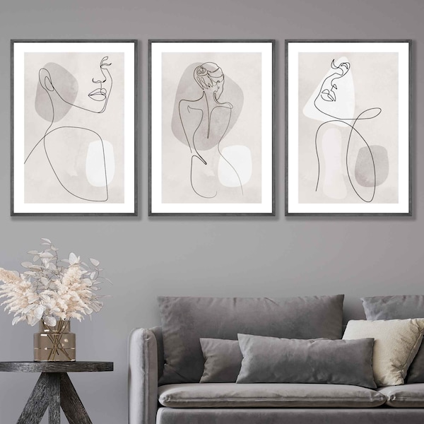 Set of 3 Abstract Wall Art Grey and Beige Female Line Art Prints Minimalist One Line Poster Print Gallery Wall Art Pictures Artwork