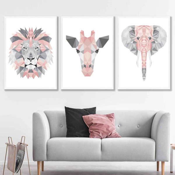 GEOMETRIC set of 3 BLUSH PINK & Grey Art Prints Jungle Heads Giraffe Lion Elephant Wall Pictures Posters + 9 More Colours Yellow Blue Green