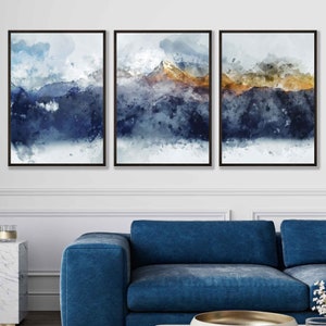 Set of 3 Abstract Art Prints of Paintings Navy Blue Yellow Golden Orange Wall Art Print Poster Mountains print wall art Pictures Artwork