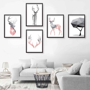 Conjunto de 5 impresiones artísticas de pared de galería en tonos escandinavos, rosa ruborizado y gris, conjunto de ciervos, imágenes de pared geométricas de bosque, carteles, obras de arte
