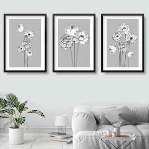 PEONIES Set of 3 Gallery Wall Art Prints Peony Flower Sketch Scandinavian Posters Grey Floral Minimalist Artwork