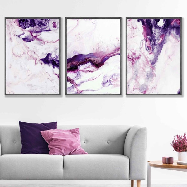 Lot de 3 peintures abstraites roses, violettes et blanches, impression d'art mural, impression d'art mural, photos, oeuvre d'art ARTZE