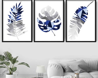 GEOMETRIC set of 3 NAVY Blue & Grey Art Prints Tropical LEAVES Botanical Wall Pictures Posters Artwork