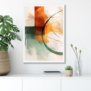 Framed Abstract Geometric Artwork, Vibrant Orange and Green, Enhance Living Room Aesthetics 2195 image 1