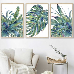 Tropical leaves Print, Set of 3 Art Prints of Watercolour Monstera, Ferns, Modern Decor Print, Home or Office Decor, Modern Wall Art Prints