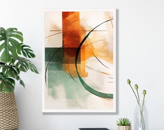 Framed Abstract Geometric Artwork, Vibrant Orange and Green, Enhance Living Room Aesthetics 2195