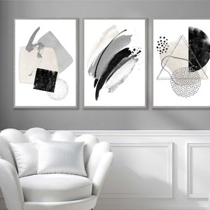 FRAMED Wall Art Set of 3 Abstract Art Prints of Paintings Black, Grey and Silver Art Print Poster Geometric Shapes wall art Pictures Artwork