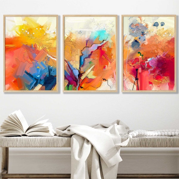 Set of 3 Abstract Orange Multicolour Pink Art Prints from Original Watercolour Paintings Wall Art Print Poster print Pictures Artwork ARTZE