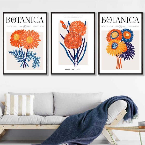 Set of 3 Blue, Yellow, Orange Botanical Art, Flower Market Prints, Boho Floral Art, Modern Wall Décor, Mid Century Modern Vintage Art Prints