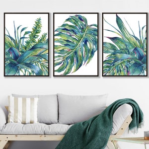 Tropical Leaves Print, Set of 3 Art Prints of Watercolour Monstera ...