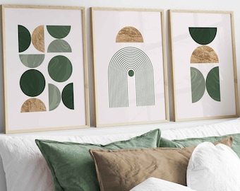 Set of 3 Green & Gold Wall Art Prints, Modern Mid Century, Geometric Wall Art, Sage Green Prints, Green Gold Wall Decor, Boho Prints