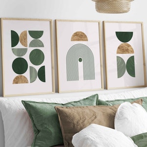 Set of 3 Green & Gold Wall Art Prints, Modern Mid Century, Geometric Wall Art, Sage Green Prints, Green Gold Wall Decor, Boho Prints