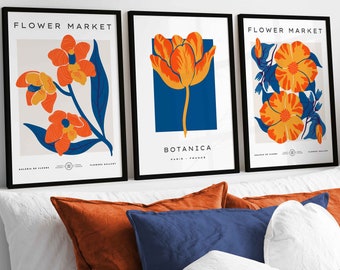 Set Of 3 Vintage Exhibition Blue & Orange Botanical Flower Market Prints, Boho Floral Art, Modern Wall Décor, Mid Century Modern Art Prints
