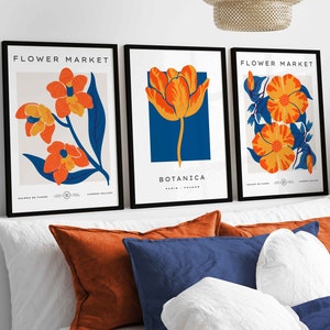 Set Of 3 Vintage Exhibition Blue & Orange Botanical Flower Market Prints, Boho Floral Art, Modern Wall Décor, Mid Century Modern Art Prints