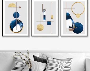 Juego de 3 láminas decorativas de pared en azul marino y dorado, estilo moderno de mediados de siglo, arte geométrico para pared, decoración de pared en azul y dorado, láminas Art Déco.