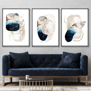 Set of 3 Abstract Navy Blue Ivory & Gold Wall Art Prints, Abstract ...