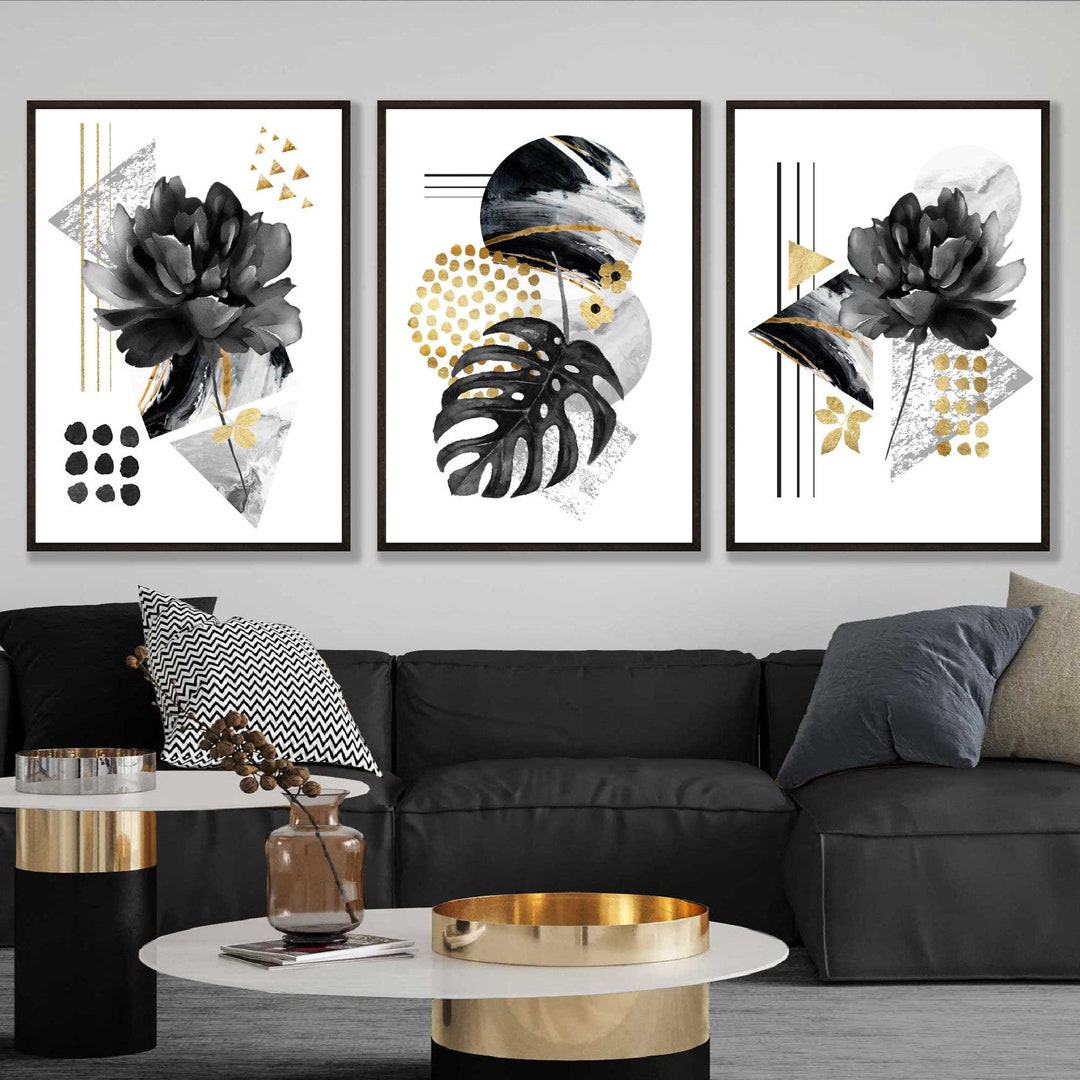 Abstract Peony & Monstera Art Prints, Black Grey Gold Set of 3 - Etsy
