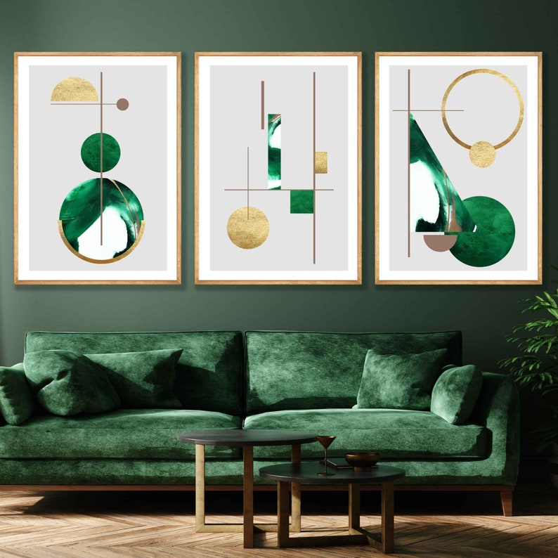 Set of 3 Green & Gold Wall Art Prints Modern Mid Century Etsy UK
