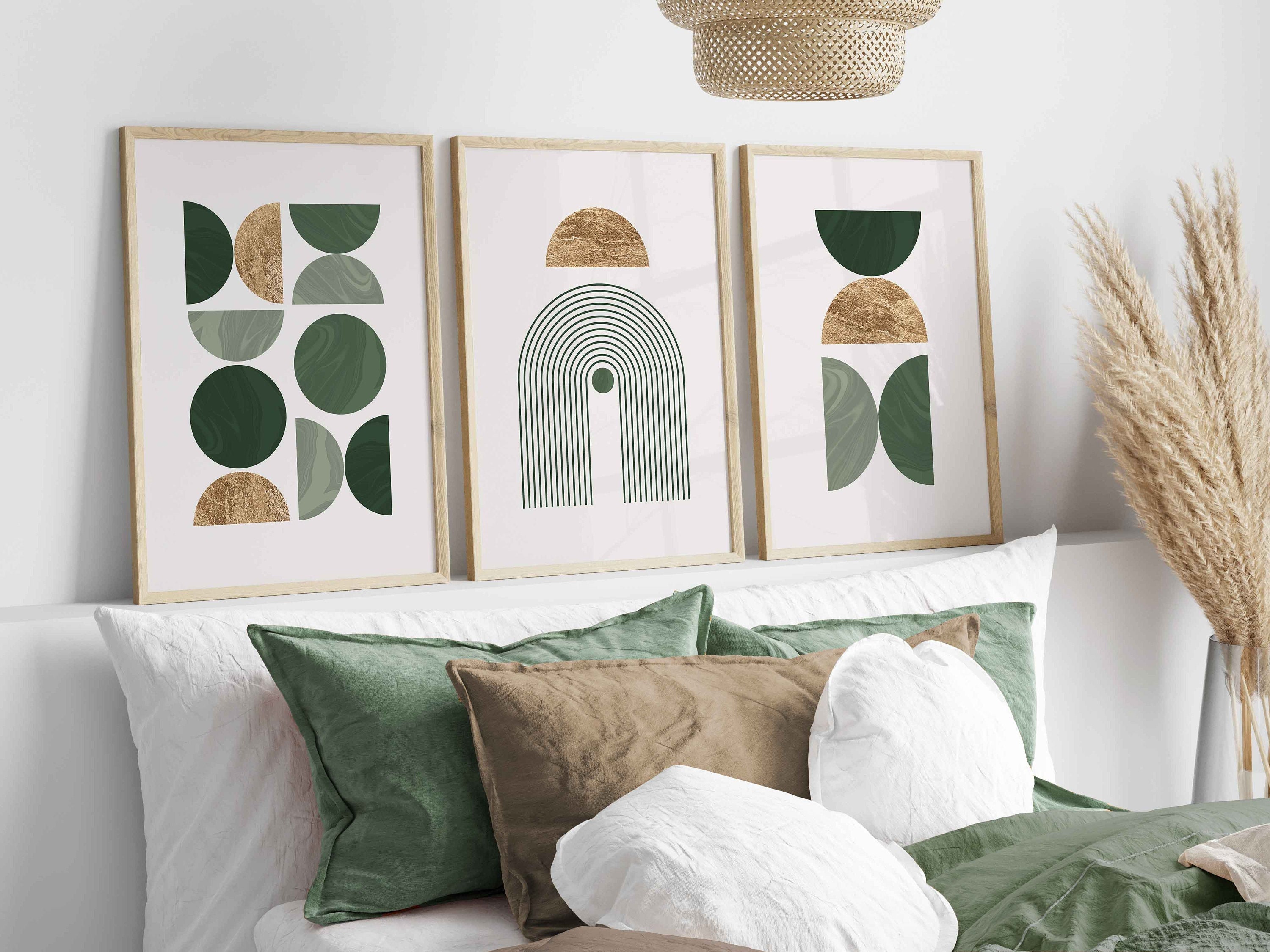 アート　PRETTY GREEN Prints 「Pocket Full」 Set of 3 Green & Gold Wall Art Prints, Modern Mid Century