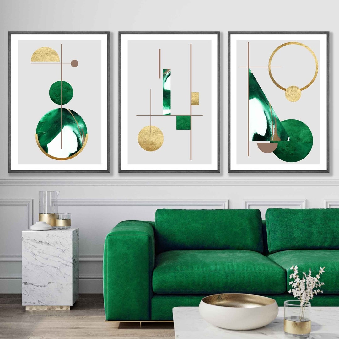 Set of 3 Green & Gold Wall Art Prints, Modern Mid Century, Geometric