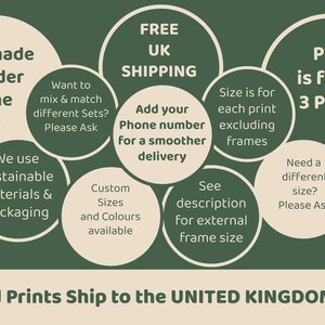 May include: A graphic with text describing handmade, custom-sized framed prints. The text says "Handmade to Order in the UK", "Free UK Shipping", "Price is for all 3 Pieces", "We use Sustainable Materials & Packaging", "Custom Sizes and Colours available", "Add your Phone number for a smoother delivery", "See description for external frame size", and "Need a different size? Please Ask".