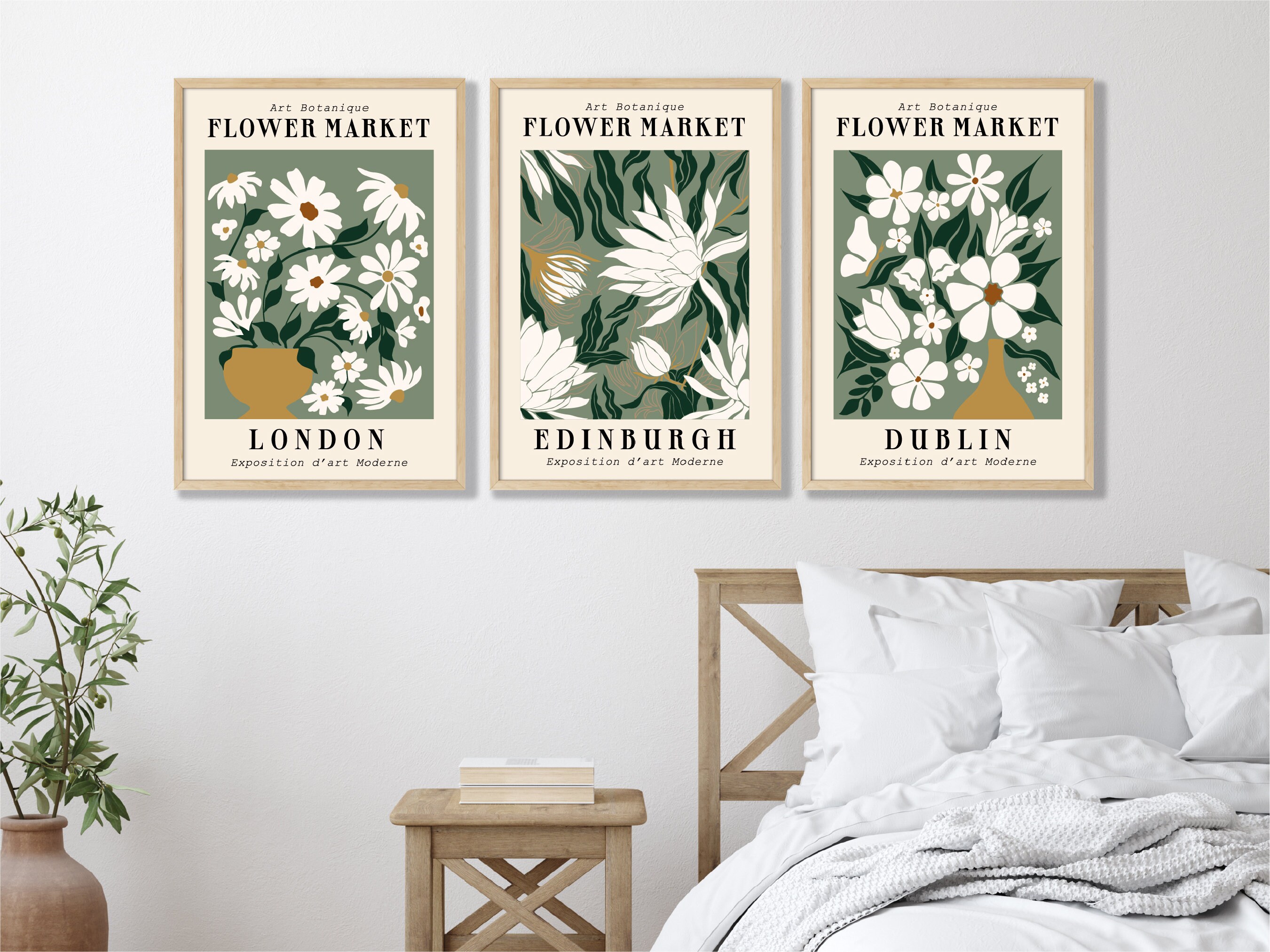 Flower Market Print Set of 3, Green Wall Decor, Vintage Exhibition Art ...