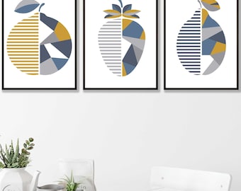 Conjunto GEOMÉTRICO de 3 láminas decorativas para pared de cocina con motivos de frutas: amarillo, azul, gris, naranja, fresa y limón. ARTZE ARTZEUK