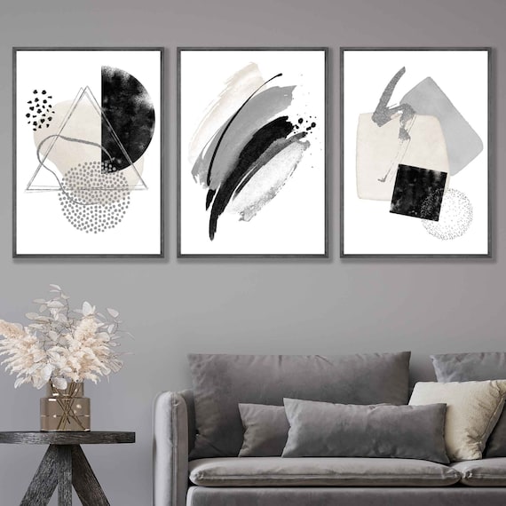 Set of 3 Abstract Art Prints of Paintings Black, Grey and Silver Art Print  Poster Geometric Shapes Wall Art Pictures Artwork Artze - Etsy Norway