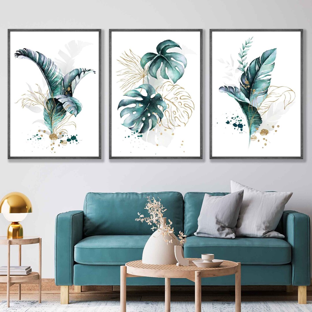 Set of 3 Teal Blue Watercolour Wall Art Prints, Teal Blue Posters