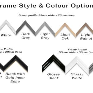 May include: A chart displaying various frame styles and colours for picture frames. The frame styles include black, white, dark grey, light grey, light oak, light walnut, and dark wood. The frame profiles are 23mm wide x 23mm deep, 38mm wide x 29mm deep, and 50mm wide x 30mm deep.
