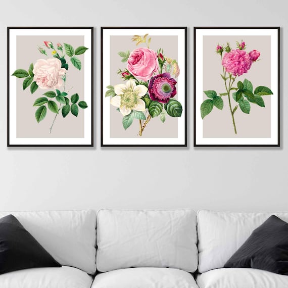 Vintage Rose Print Set | Pink Floral Wall Art, Set of 3 Framed Prints