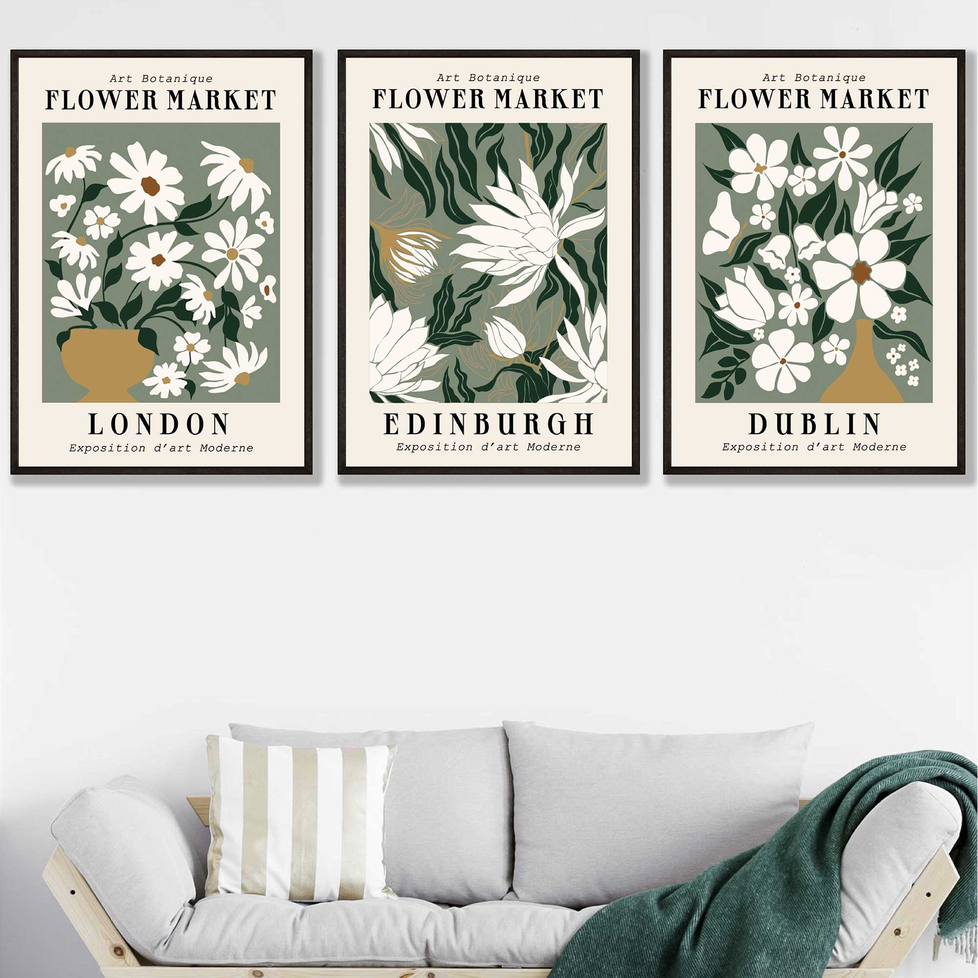 Flower Market Print Set of 3, Green Wall Decor, Vintage Exhibition Art ...