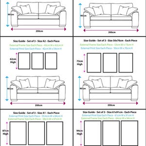 May include: A guide to different sizes of picture frames for a set of three pictures. The guide shows the external frame size and the external print size for each picture. The sizes are A4, A3, A2, 50x70cm, A1, and 61x91cm.