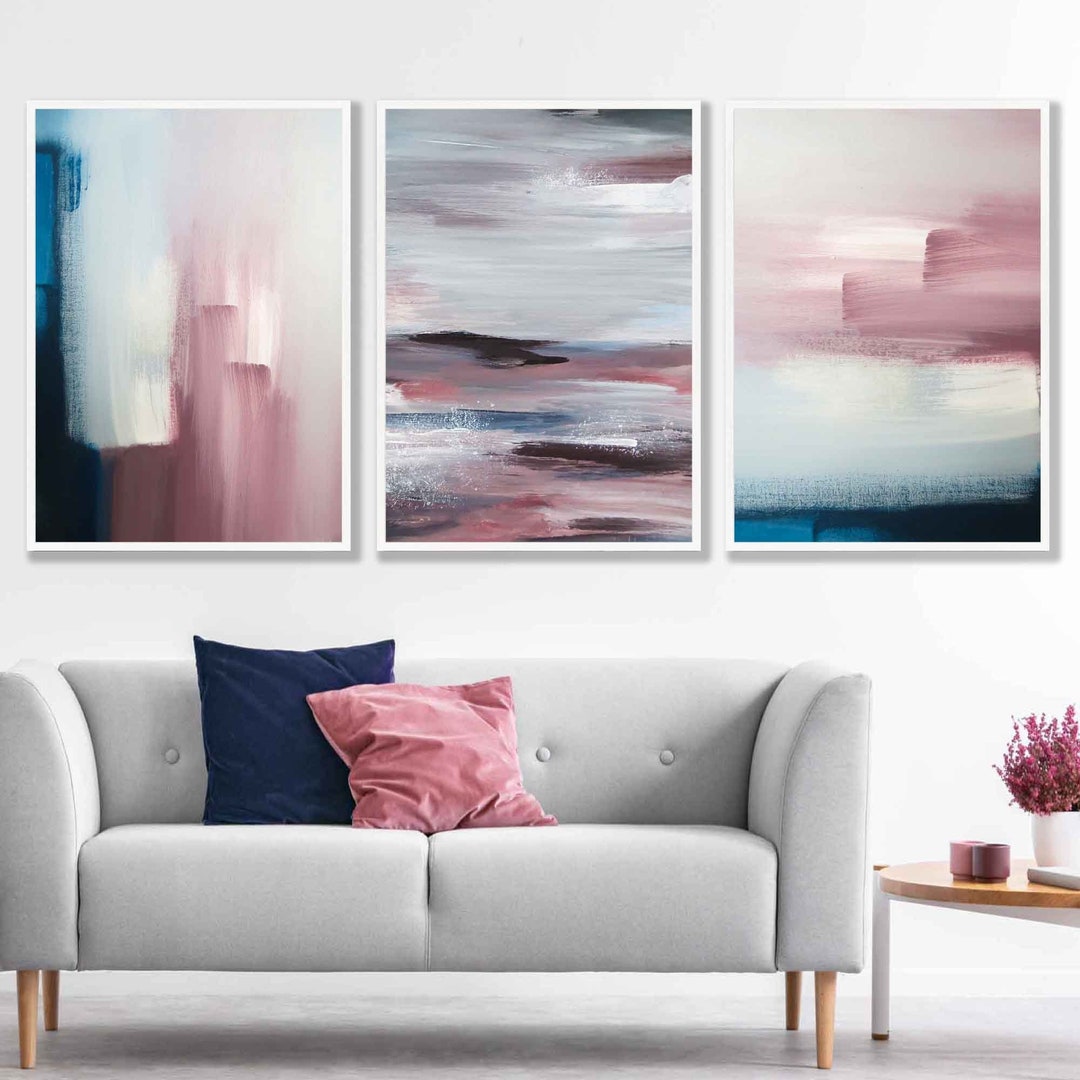Set of 3 Abstract Art Prints, Navy Blue & Blush Pink Wall Art, Modern ...