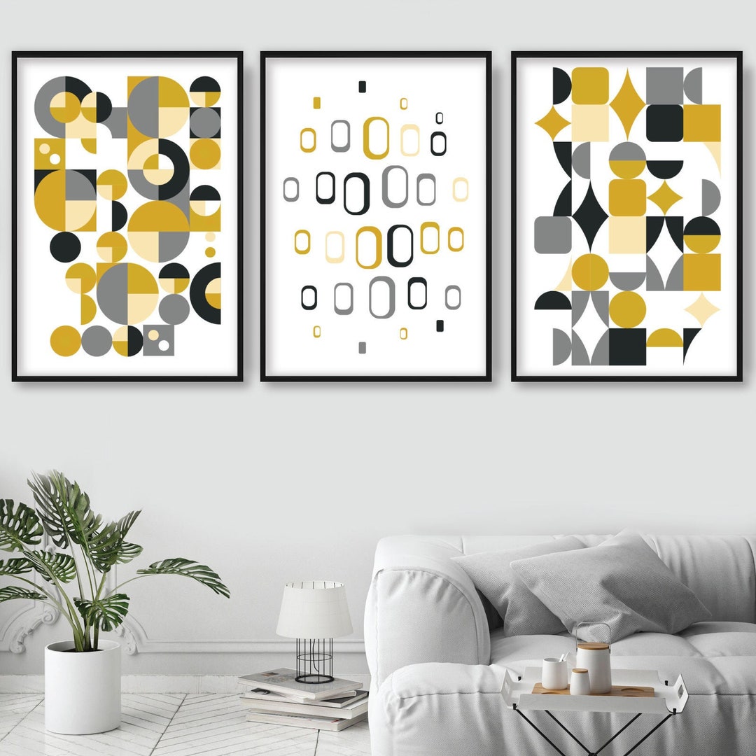 Set of 3 ABSTRACT Mid Century Modern Yellow and Grey Print Set, Wall ...