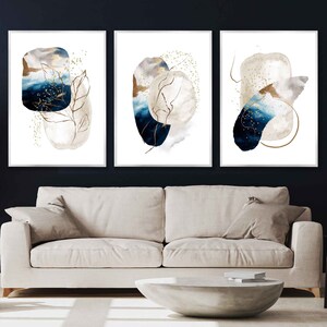 Set of 3 Abstract Navy Blue Ivory & Gold Wall Art Prints, Abstract ...