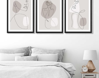 Abstract Female Line Art Print Set of 3, Beige Minimalist Framed Wall Decor