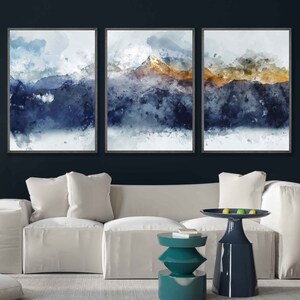 Set of 3 Abstract Art Prints of Paintings Navy Blue Yellow Golden ...