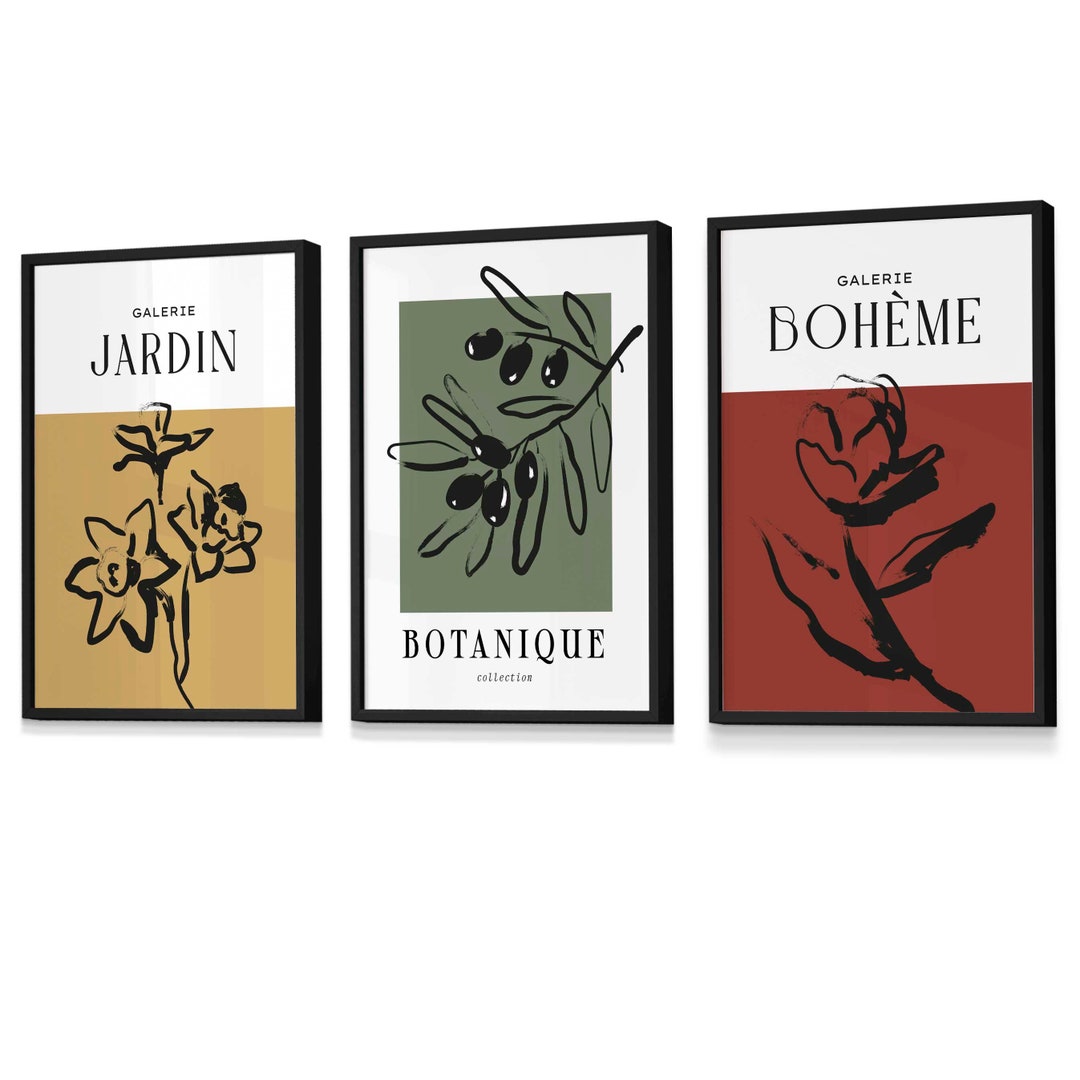 Boho Botanical Art, Set of 3, Mid Century Modern Wall Decor, Minimalist