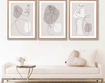 Set of 3 Beige Abstract Female Line Art Prints, Minimalist Gallery Wall Art