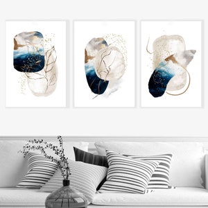 Set of 3 Abstract Navy Blue Ivory & Gold Wall Art Prints, Abstract ...