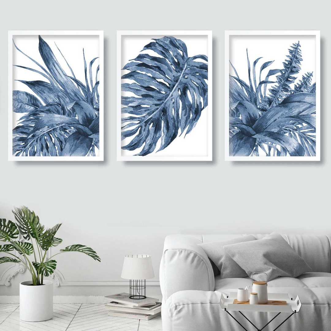 BOTANICAL Set of 3 Navy Blue Art PRINTS From Original Watercolour ...